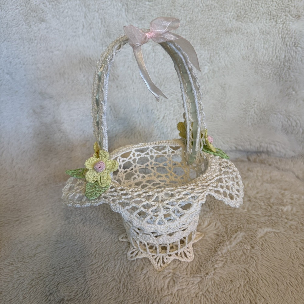 Vintage Crocheted Lace Starched Basket Flowers Ribbons Handmade Cottage Granny